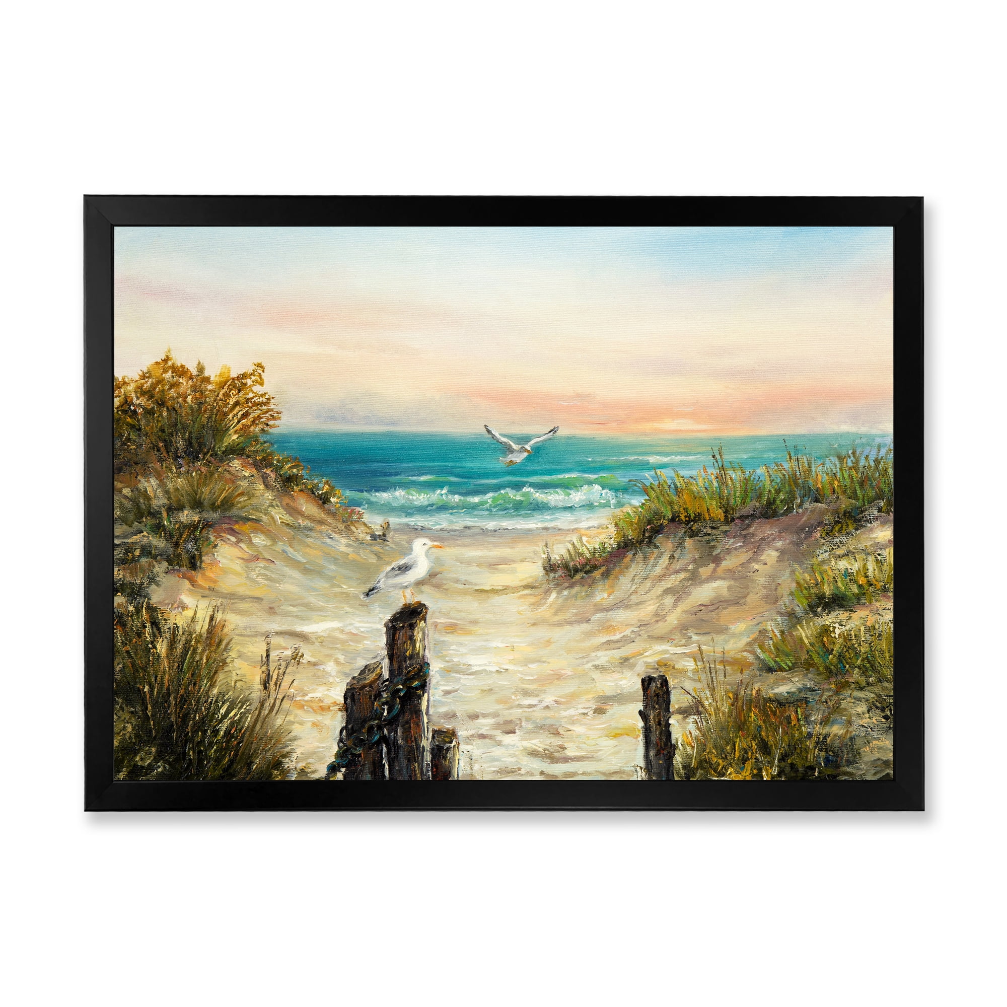 Ocean Dunes During Pink Sunset on Beach 40 in x 30 in Framed Painting Canvas Art Print, by Designart