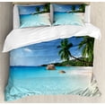 thumbnail image 1 of Ocean Duvet Cover Set, Anse Lazio Beach at Praslin Island Surfing Beach Scenic View Travel, Decorative 3 Piece Bedding Set with 2 Pillow Shams, King Size, Turquoise Blue Green, by Ambesonne, 1 of 3