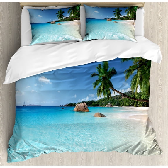 Ocean Duvet Cover Set, Anse Lazio Beach at Praslin Island Surfing Beach Scenic View Travel, Decorative 3 Piece Bedding Set with 2 Pillow Shams, Queen Size, Turquoise Blue Green, by Ambesonne