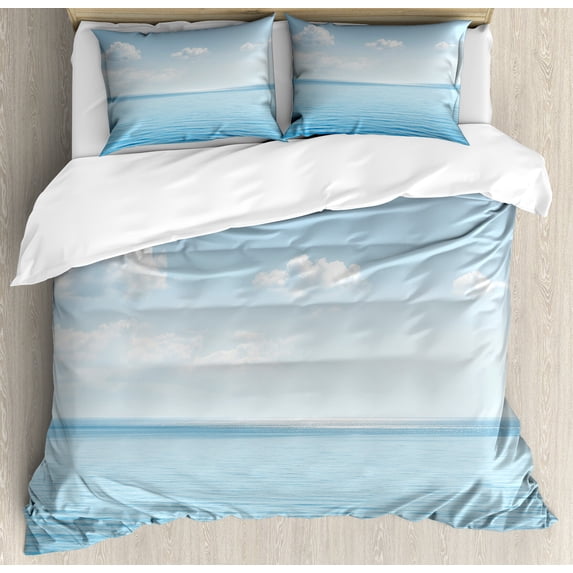Ocean Duvet Cover Set, Aquatic Seascape Sky Landscape Tropical Lands Relaxation Spot in the Coast, Decorative 3 Piece Bedding Set with 2 Pillow Shams, Queen Size, Blue White, by Ambesonne