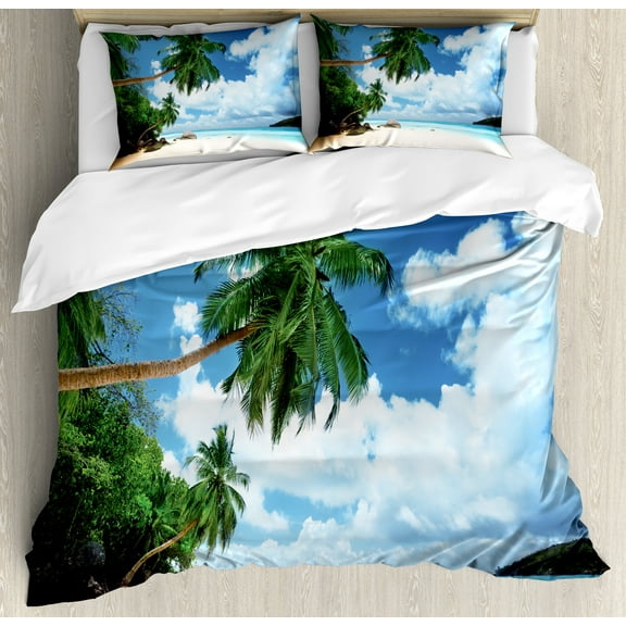 Ocean Duvet Cover Set, Beach and Coconut Tree Mahe Island in Seychelles Tranquil Coastal Image Print, Decorative 3 Piece Bedding Set with 2 Pillow Shams, King Size, Green Blue Aqua, by Ambesonne