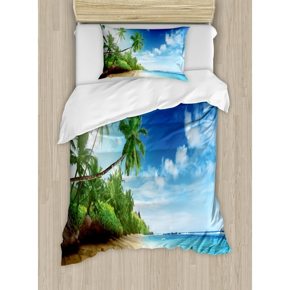 Ocean Duvet Cover Set, Beach Sunset Tranquil Tropical Sea Waves Coconut Palms Outdoors Photo, Decorative 2 Piece Bedding Set with 1 Pillow Shams, Twin Size, Pale Brown Green Blue, by Ambesonne