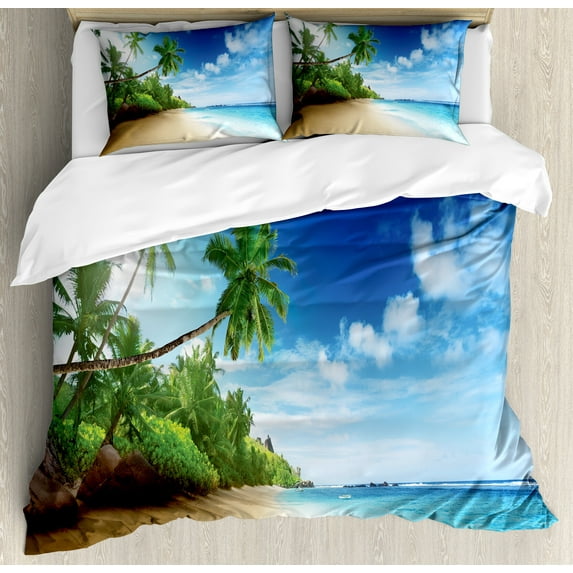 Ocean Duvet Cover Set, Beach Sunset Tranquil Tropical Sea Waves Coconut Palms Outdoors Photo, Decorative 3 Piece Bedding Set with 2 Pillow Shams, Queen Size, Pale Brown Green Blue, by Ambesonne