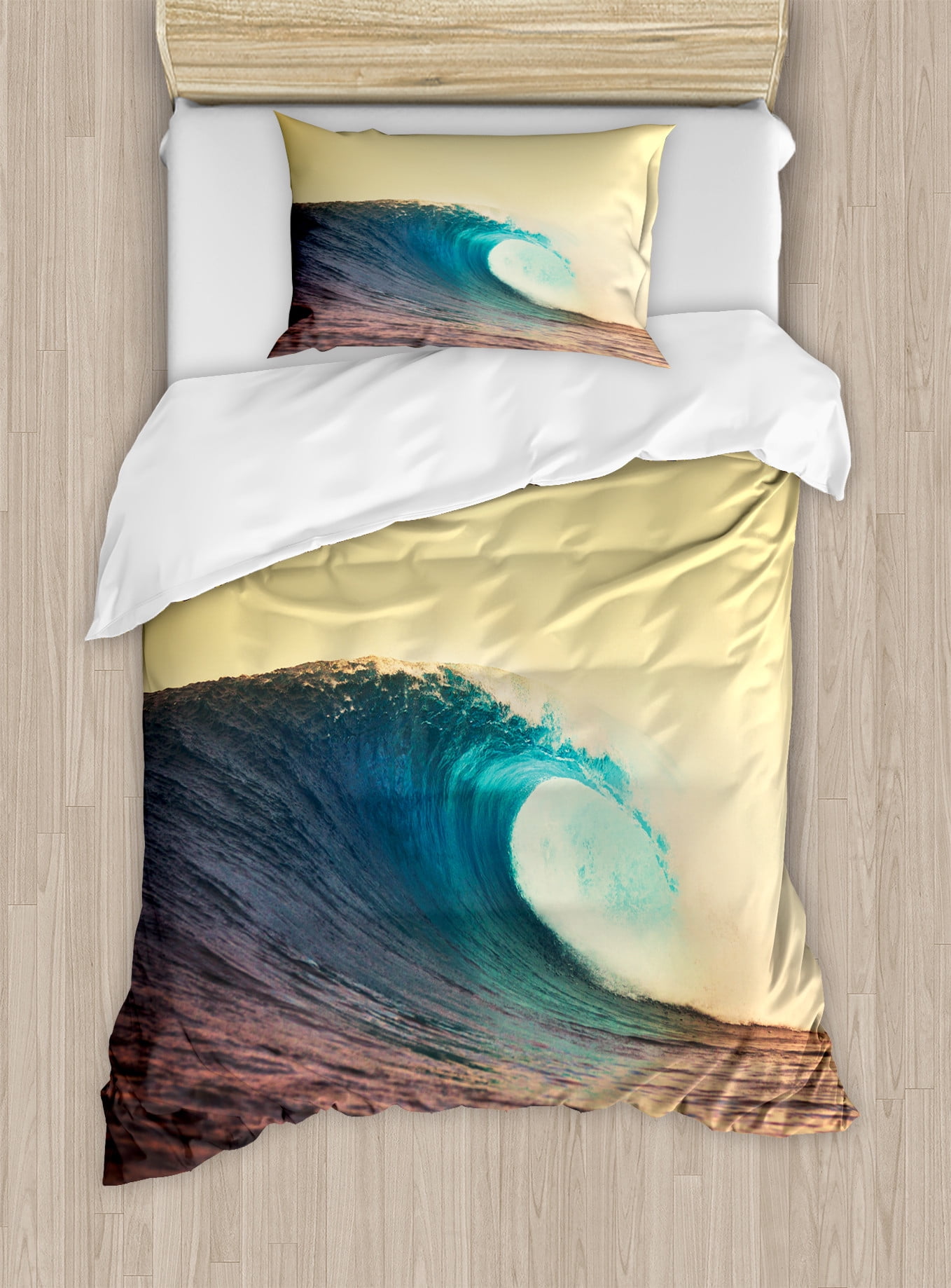 Twin Turquoise Yellow Microfiber Ocean Wave Duvet Cover Set