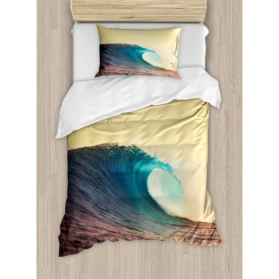Ocean Duvet Cover Set, Ocean Breaking Wave at Sunset in Warm Colors Sea Seasonal Picture Art, Decorative 2 Piece Bedding Set with 1 Pillow Shams, Twin Size, Turquoise Yellow Brown, by Ambesonne