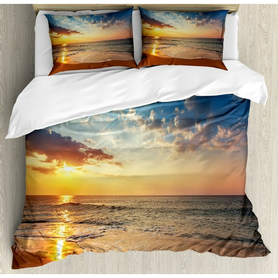 Ocean Duvet Cover Set, Cloudscape over the Sea Honeymoon Travel Destination Sunrise Panoramic Shot, Decorative 3 Piece Bedding Set with 2 Pillow Shams, Queen Size, Blue Yellow Brown, by Ambesonne