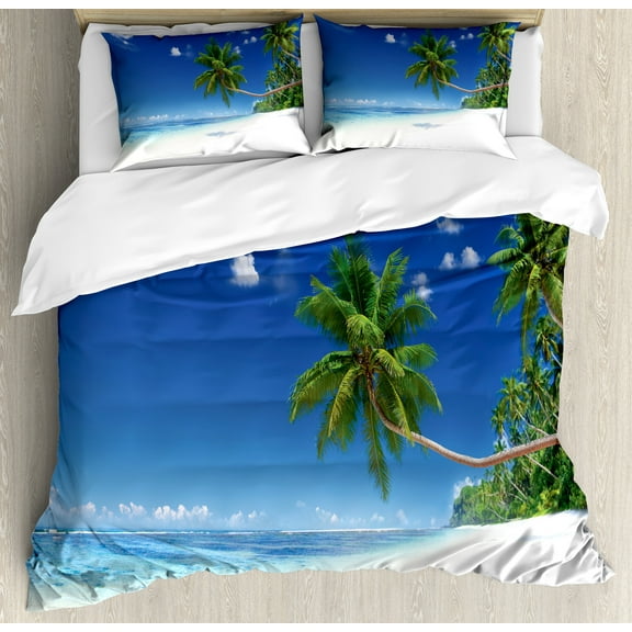 Ocean Duvet Cover Set, Coastline Seascape Lagoon with Palm Leaf and Clouds Freedom Holiday Idyllic, Decorative 3 Piece Bedding Set with 2 Pillow Shams, Calking Size, White Blue Green, by Ambesonne