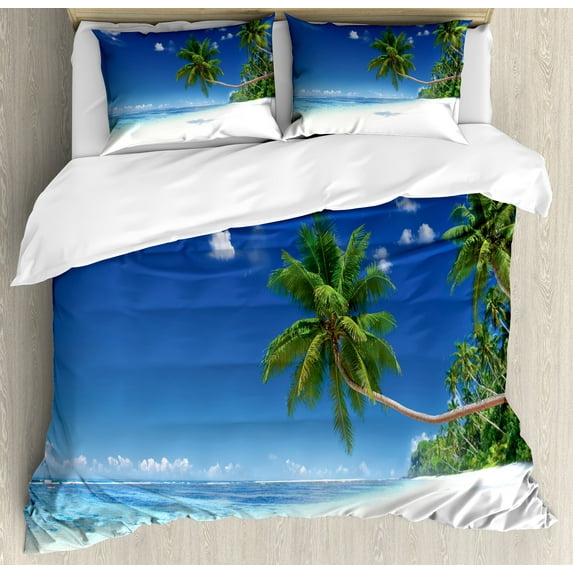 Ocean Duvet Cover Set, Coastline Seascape Lagoon with Palm Leaf and Clouds Freedom Holiday Idyllic, Decorative 3 Piece Bedding Set with 2 Pillow Shams, Calking Size, White Blue Green, by Ambesonne