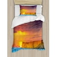 thumbnail image 1 of Ocean Duvet Cover Set, Dramatic Sea Summer Sunset with Huge Cliff Vibrant Colors Overcast Picture, Decorative 2 Piece Bedding Set with 1 Pillow Shams, Twin Size, Yellow Purple Blue, by Ambesonne, 1 of 2