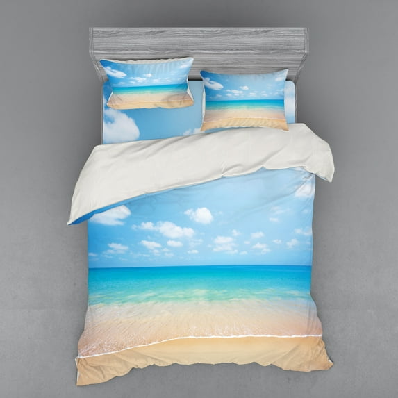 Ocean Duvet Cover Set, Dreamy Hot Tropical Sea Coast with Soft Waves and Sunny Sky Landscape Nature Life, Bedding Set with Shams and Fitted Sheet, 3 Sizes, by Ambesonne