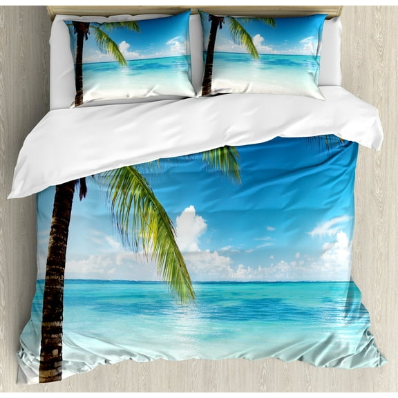 Ocean Duvet Cover Set, Exotic Beach Water and Palm Tree by the Shore Clear Sky Landscape Image, Decorative 3 Piece Bedding Set with 2 Pillow Shams, Calking Size, Green Blue White, by Ambesonne