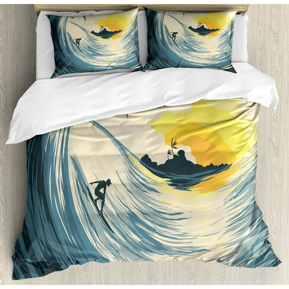 Ocean Duvet Cover Set, Illustration of Cloudy Sky Tropical Island Wave and Surfer at Sunset Seascape, Decorative 3 Piece Bedding Set with 2 Pillow Shams, King Size, Beige Yellow Navy, by Ambesonne