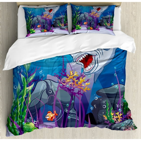 Ocean Duvet Cover Set King Size, Cartoon Style Underwater World Plants and Evil Shark Chasing Little Fish Illustration, Decorative 3 Piece Bedding Set with 2 Pillow Shams, Multicolor, by Ambesonne
