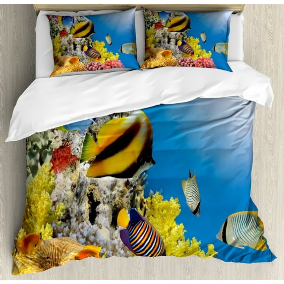 Ocean Duvet Cover Set King Size, Coral Colony on a Reef Top in Red Sea Egypt Exotic Fishes Aquatic Underwater Life, Decorative 3 Piece Bedding Set with 2 Pillow Shams, Multicolor, by Ambesonne
