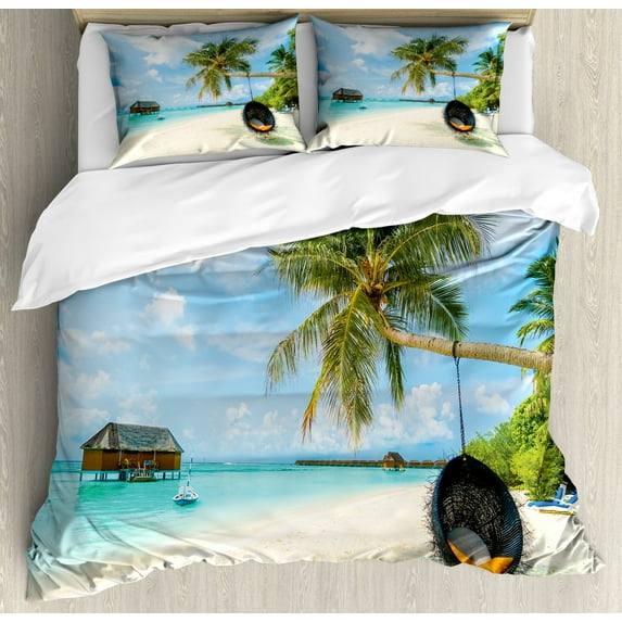 Ocean Duvet Cover Set King Size, Exotic Beach in the Maldives with Crystal Waters and Palm Trees on the Sand Tropical, Decorative 3 Piece Bedding Set with 2 Pillow Shams, Multicolor, by Ambesonne