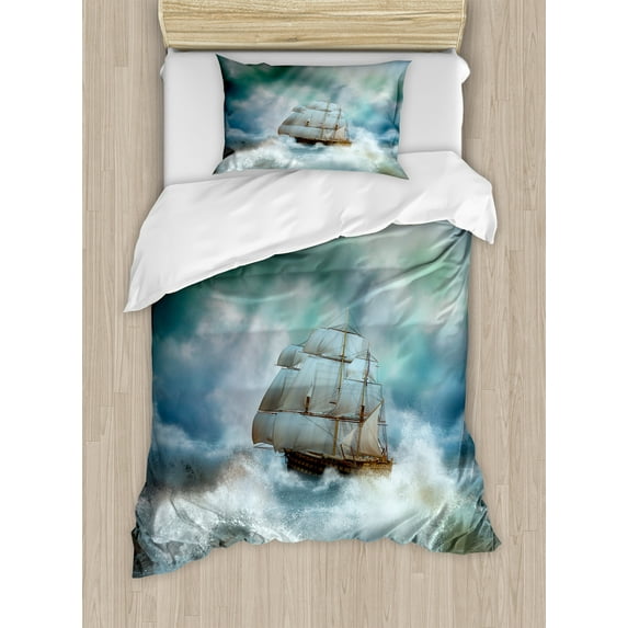 Ocean Duvet Cover Set, Majestic Nautical Sealife and Pirate Boat Ship on a Wavy Deep Sea Art Print, Decorative 2 Piece Bedding Set with 1 Pillow Shams, Twin Size, Blue Grey and White, by Ambesonne