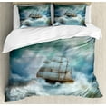 thumbnail image 1 of Ocean Duvet Cover Set, Majestic Nautical Sealife and Pirate Boat Ship on a Wavy Deep Sea Art Print, Decorative 3 Piece Bedding Set with 2 Pillow Shams, King Size, Blue Grey and White, by Ambesonne, 1 of 3