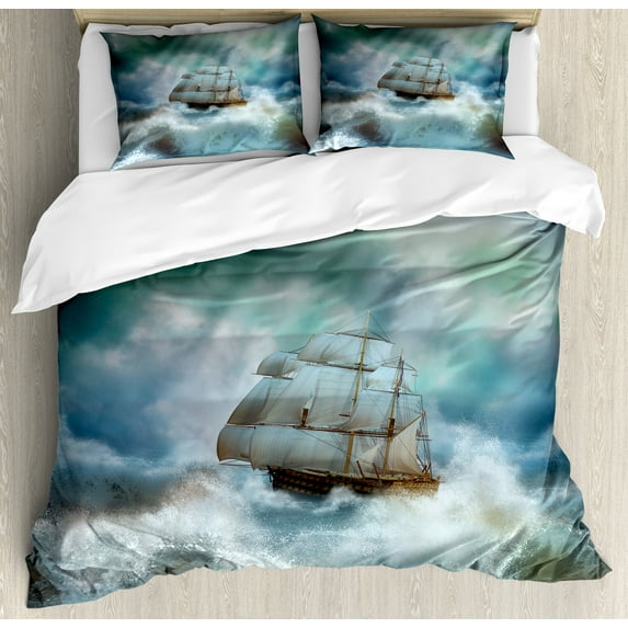 Ocean Duvet Cover Set, Majestic Nautical Sealife and Pirate Boat Ship on a Wavy Deep Sea Art Print, Decorative 3 Piece Bedding Set with 2 Pillow Shams, King Size, Blue Grey and White, by Ambesonne
