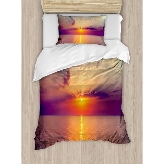 Ocean Duvet Cover Set, Majestic Sunrise in Tranquil Sea Horizon Dawn Rays Clouds Water Reflection, Decorative 2 Piece Bedding Set with 1 Pillow Shams, Twin Size, Orange Purple Blue, by Ambesonne