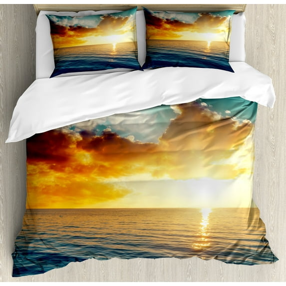 Ocean Duvet Cover Set, Majestic Sunset over the Sea Scenic Idyllic Aquatic View Morning Picture, Decorative 3 Piece Bedding Set with 2 Pillow Shams, King Size, Turquoise Orange Blue, by Ambesonne