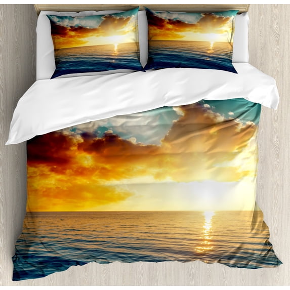 Ocean Duvet Cover Set, Majestic Sunset over the Sea Scenic Idyllic Aquatic View Morning Picture, Decorative 3 Piece Bedding Set with 2 Pillow Shams, Queen Size, Turquoise Orange Blue, by Ambesonne