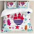 thumbnail image 1 of Ocean Duvet Cover Set, Maritime Theme a Sailing Ship Anchor Seahorse and Sea Star Illustration Art, Decorative 3 Piece Bedding Set with 2 Pillow Shams, King Size, Red and Turquoise, by Ambesonne, 1 of 3