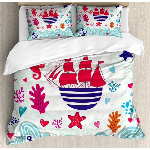 Ocean Duvet Cover Set, Maritime Theme a Sailing Ship Anchor Seahorse and Sea Star Illustration Art, Decorative 3 Piece Bedding Set with 2 Pillow Shams, Queen Size, Red and Turquoise, by Ambesonne