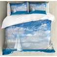 thumbnail image 1 of Ocean Duvet Cover Set, Modern Sail Boat on Sea Horizon Cloudy Sky Summer Sports Hobbies Photo Image, Decorative 3 Piece Bedding Set with 2 Pillow Shams, Queen Size, Sky Blue and White, by Ambesonne, 1 of 3