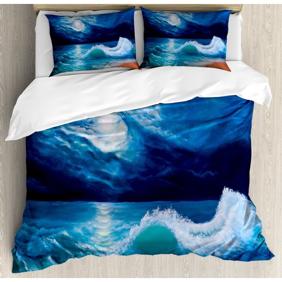 Ocean Duvet Cover Set, Moonlight over Wavy Sea Dramatic Sky Beach Landscape Picture in Oil Painting Effect, Decorative 3 Piece Bedding Set with 2 Pillow Shams, Queen Size, Navy White, by Ambesonne