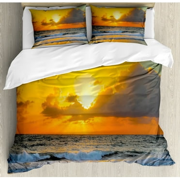 Ocean Duvet Cover Set, Morning at the Beach in Brazil the Sun Rays Through the Clouds over Sea Sunset Image, Decorative 3 Piece Bedding Set with 2 Pillow Shams, Calking Size, Orange Grey, by Ambesonne