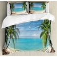 thumbnail image 1 of Ocean Duvet Cover Set, Panoramic View of Tropical Sandy Beach Exotic Vacation Theme Print, Decorative 3 Piece Bedding Set with 2 Pillow Shams, King Size, Pale Brown Turquoise, by Ambesonne, 1 of 3