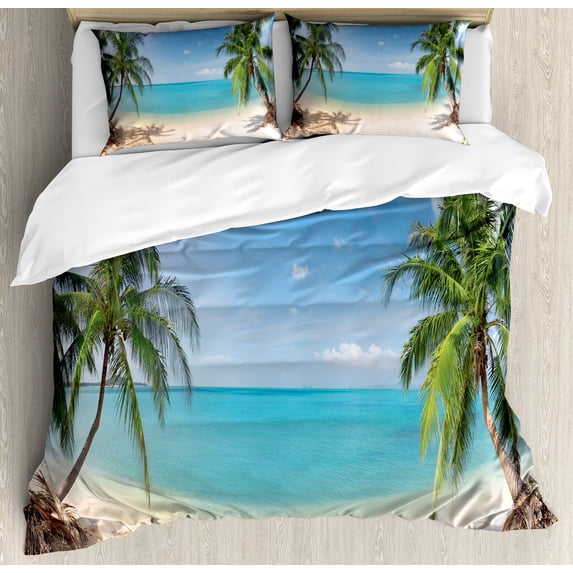 Ocean Duvet Cover Set, Panoramic View of Tropical Sandy Beach Exotic Vacation Theme Print, Decorative 3 Piece Bedding Set with 2 Pillow Shams, Queen Size, Pale Brown Turquoise, by Ambesonne