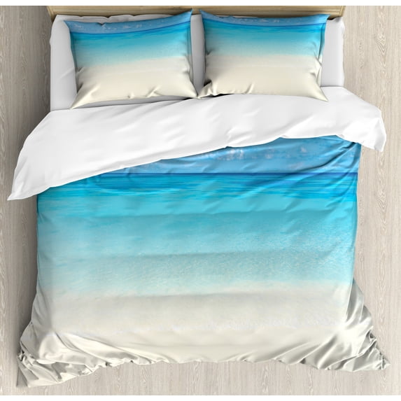 Ocean Duvet Cover Set, Paradise Beach in Tropical Caribbean Sea with Sky View Beach House Theme, Decorative 3 Piece Bedding Set with 2 Pillow Shams, King Size, Cream Navy, by Ambesonne