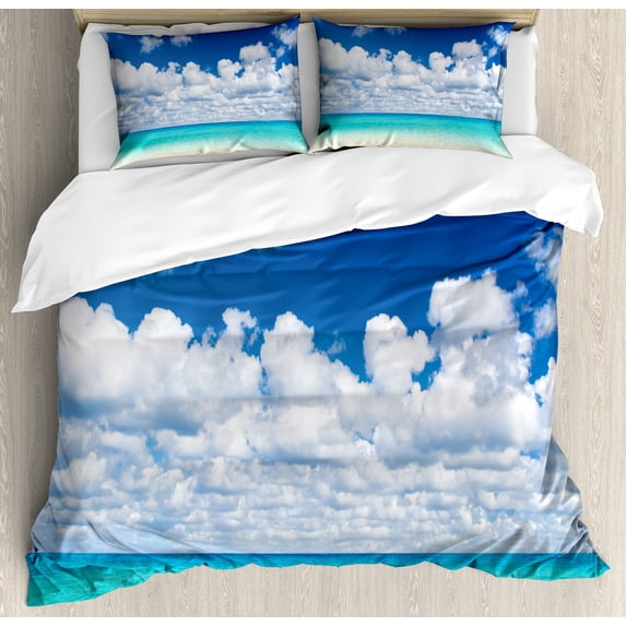 Ocean Duvet Cover Set, Paradise Beach Tropical Hawaiian Exotic Sky Color with Clouds Scenery, Decorative 3 Piece Bedding Set with 2 Pillow Shams, King Size, Turquoise White, by Ambesonne