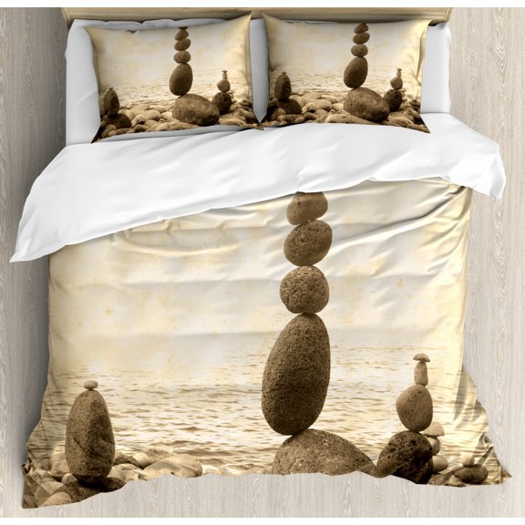 Ocean Duvet Cover Set Queen Size, Coastal Shore Calm Water Zen Print Sepia Big and Small Rocks Pebbles Grunge Artsy, Decorative 3 Piece Bedding Set with 2 Pillow Shams, Beige Brown, by Ambesonne