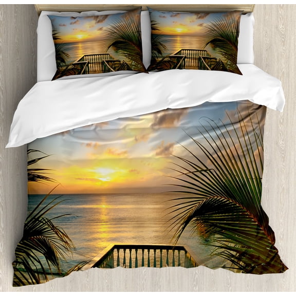 Ocean Duvet Cover Set Queen Size, Mediterranean Horizon Seascape from Wooden Terrace Balcony Fences Holiday Life Photo, Decorative 3 Piece Bedding Set with 2 Pillow Shams, Multicolor, by Ambesonne