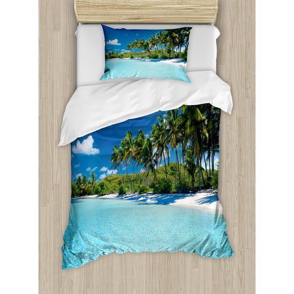 Ocean Duvet Cover Set, Relaxing Beach Resort Spa Palm Trees and Sea Exotic Caribbean Coastline, Decorative 2 Piece Bedding Set with 1 Pillow Shams, Twin Size, Turquoise Blue Green, by Ambesonne