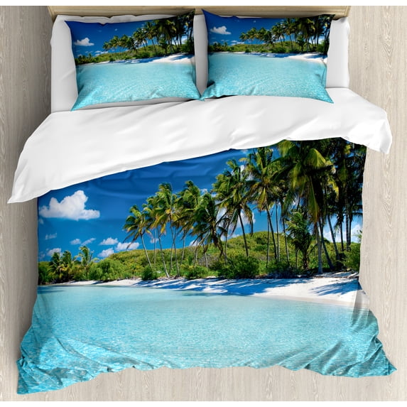 Ocean Duvet Cover Set, Relaxing Beach Resort Spa Palm Trees and Sea Exotic Caribbean Coastline, Decorative 3 Piece Bedding Set with 2 Pillow Shams, King Size, Turquoise Blue Green, by Ambesonne