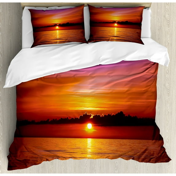 Ocean Duvet Cover Set, Romantic Sunset on the Beach Sun Rays Reflection on the Sea Colorful Sky Picture, Decorative 3 Piece Bedding Set with 2 Pillow Shams, Calking Size, Orange Purple, by Ambesonne
