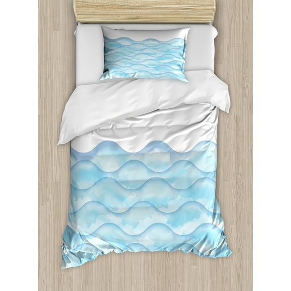 Ocean Duvet Cover Set, Sea Waves Illustration Features Liquid Ocean Motion Water Image, Decorative 2 Piece Bedding Set with 1 Pillow Shams, Twin Size, Pale Blue White, by Ambesonne