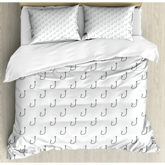 Ocean Duvet Cover Set, Sealife Nautical Anchor Fish and Hook Sealife Deep Waters Sketchy Image Art, Decorative 3 Piece Bedding Set with 2 Pillow Shams, Queen Size, Grey and White, by Ambesonne