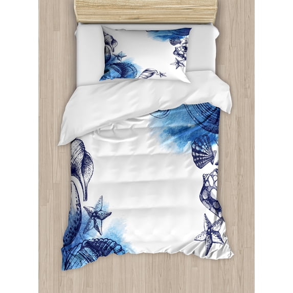 Ocean Duvet Cover Set, Sealife Sea Shells and Sand Stones Deep Water Star Fish Blue Toned Design, Decorative 2 Piece Bedding Set with 1 Pillow Shams, Twin Size, Navy Blue and White, by Ambesonne
