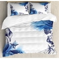 thumbnail image 1 of Ocean Duvet Cover Set, Sealife Sea Shells and Sand Stones Deep Water Star Fish Blue Toned Design, Decorative 3 Piece Bedding Set with 2 Pillow Shams, Queen Size, Navy Blue and White, by Ambesonne, 1 of 3