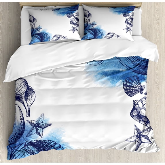 Ocean Duvet Cover Set, Sealife Sea Shells and Sand Stones Deep Water Star Fish Blue Toned Design, Decorative 3 Piece Bedding Set with 2 Pillow Shams, Queen Size, Navy Blue and White, by Ambesonne