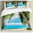 thumbnail image 1 of Ocean Duvet Cover Set, Shadow Shade of a Coconut Palm Tree on White Sandy Seashore Image, Decorative 3 Piece Bedding Set with 2 Pillow Shams, Queen Size, Pale Green Pale Blue, by Ambesonne, 1 of 3