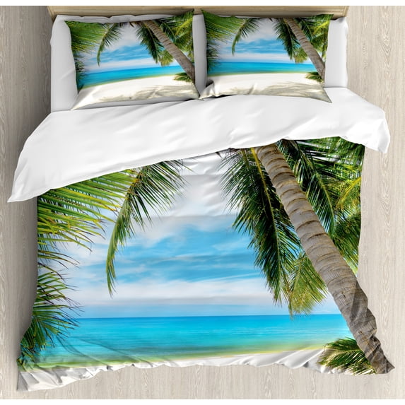 Ocean Duvet Cover Set, Shadow Shade of a Coconut Palm Tree on White Sandy Seashore Image, Decorative 3 Piece Bedding Set with 2 Pillow Shams, Queen Size, Pale Green Pale Blue, by Ambesonne