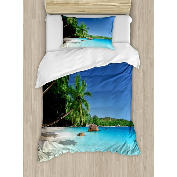 Ocean Duvet Cover Set, Sunny Horizon Skyline Water Isolated Beach at Prislin Island, Decorative 2 Piece Bedding Set with 1 Pillow Shams, Twin Size, Turquoise Green Blue, by Ambesonne