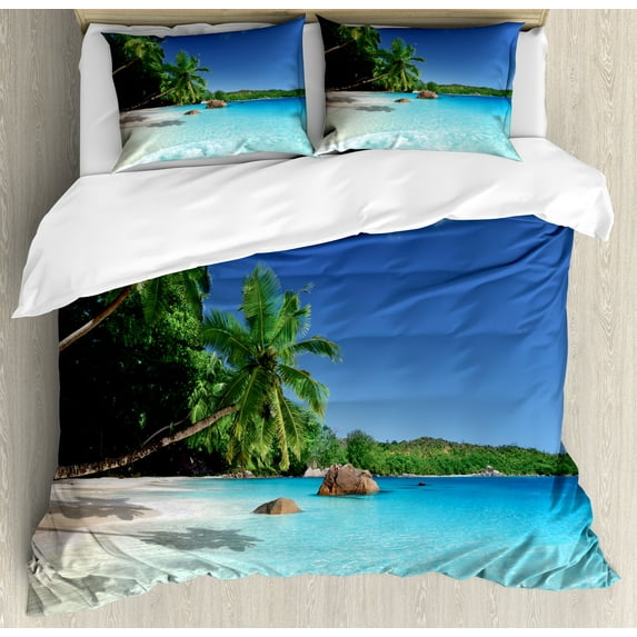 Ocean Duvet Cover Set, Sunny Horizon Skyline Water Isolated Beach at Prislin Island, Decorative 3 Piece Bedding Set with 2 Pillow Shams, King Size, Turquoise Green Blue, by Ambesonne