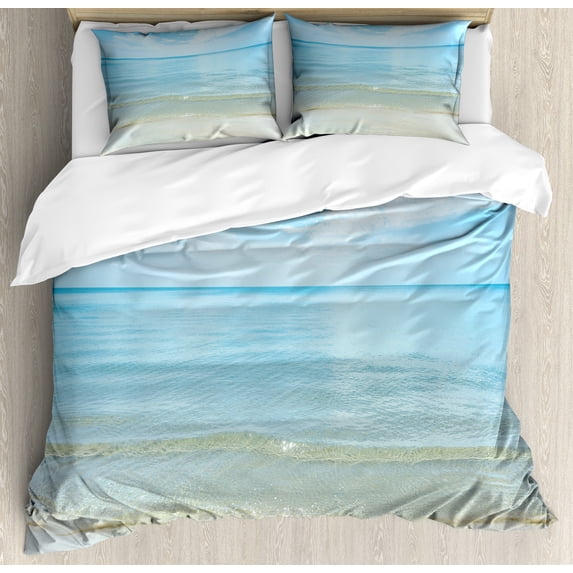 Ocean Duvet Cover Set, Sunny Summer Day at the Sandy Beach Tranquil Calm Shore Sea Horizon Image Artprint, Decorative 3 Piece Bedding Set with 2 Pillow Shams, Queen Size, Blue Cream, by Ambesonne