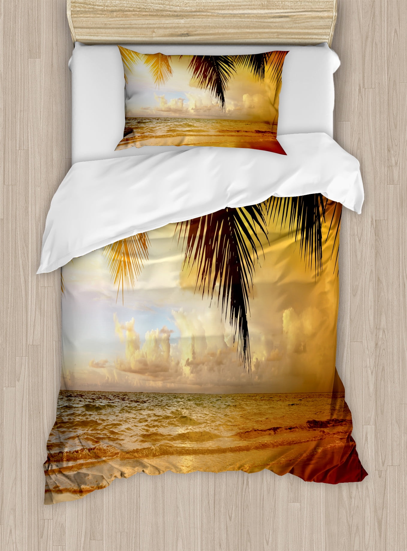 Twin Orange Ocean Coastal Duvet Cover Set with Pillow Sham